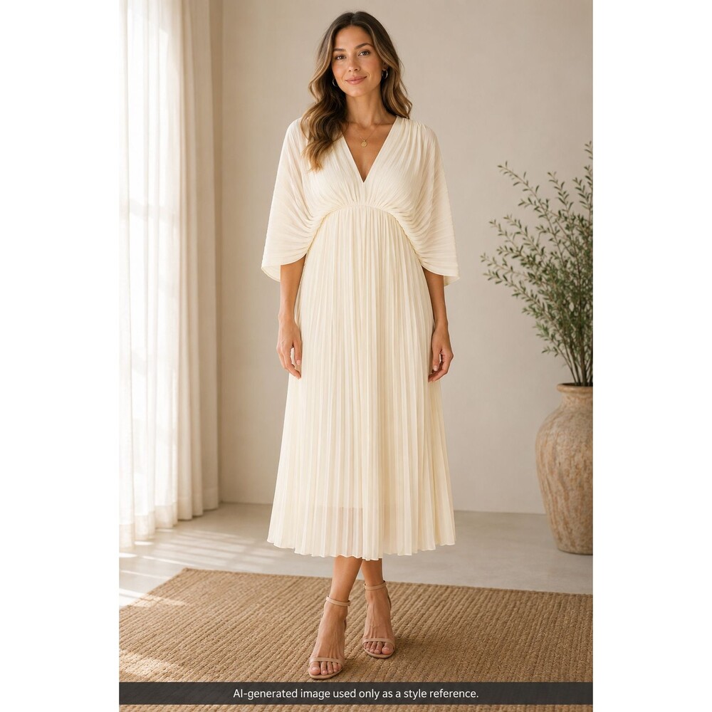 Dress Day Ivory Pleated Chiffon V-Neck 3/4 Sleeve Midi Lined Dress Size L